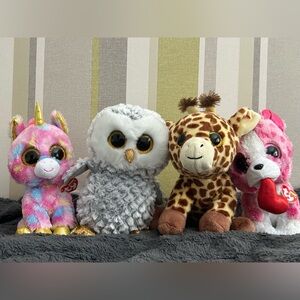 Lot of 4 Ty Beanie Boos medium size - Peaches, Owlette, Fantasia, Cookie Heart